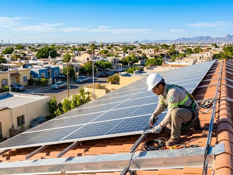 Electricista profesional instalando paneles solares en Mexicali.